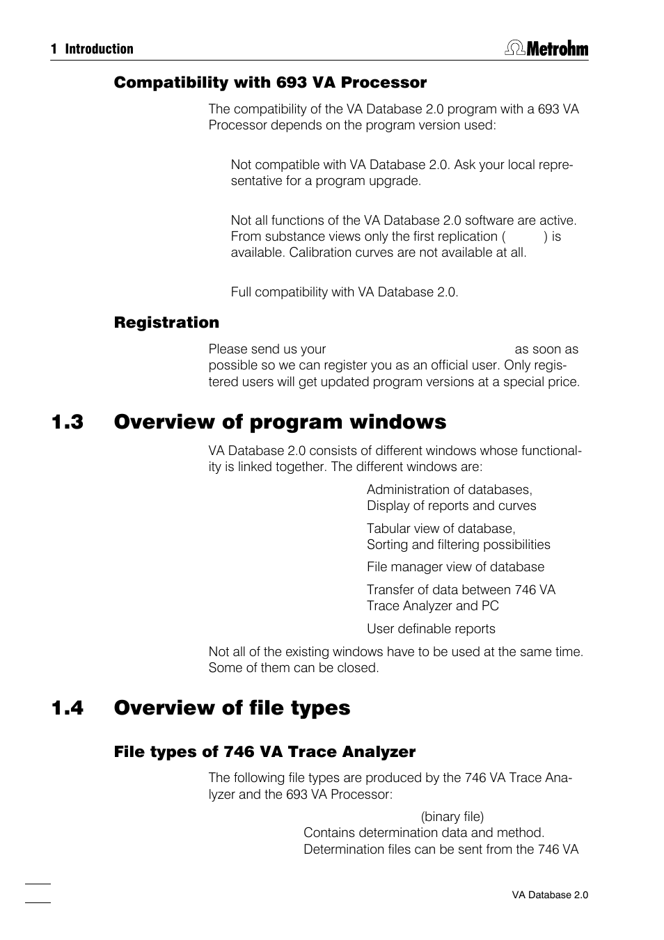 File types of 746 va trace analyzer, File types of va database, Export file types | 3 overview of program windows, 4 overview of file types | Metrohm 746 VA Trace Analyzer User Manual | Page 11 / 107