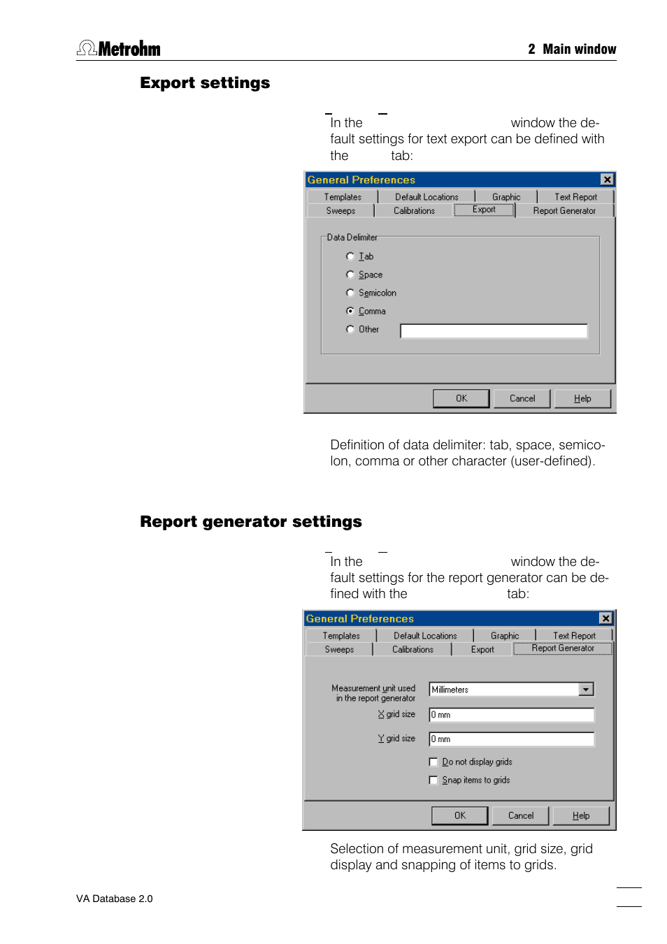 Export settings, Report generator settings | Metrohm 746 VA Trace Analyzer User Manual | Page 28 / 107