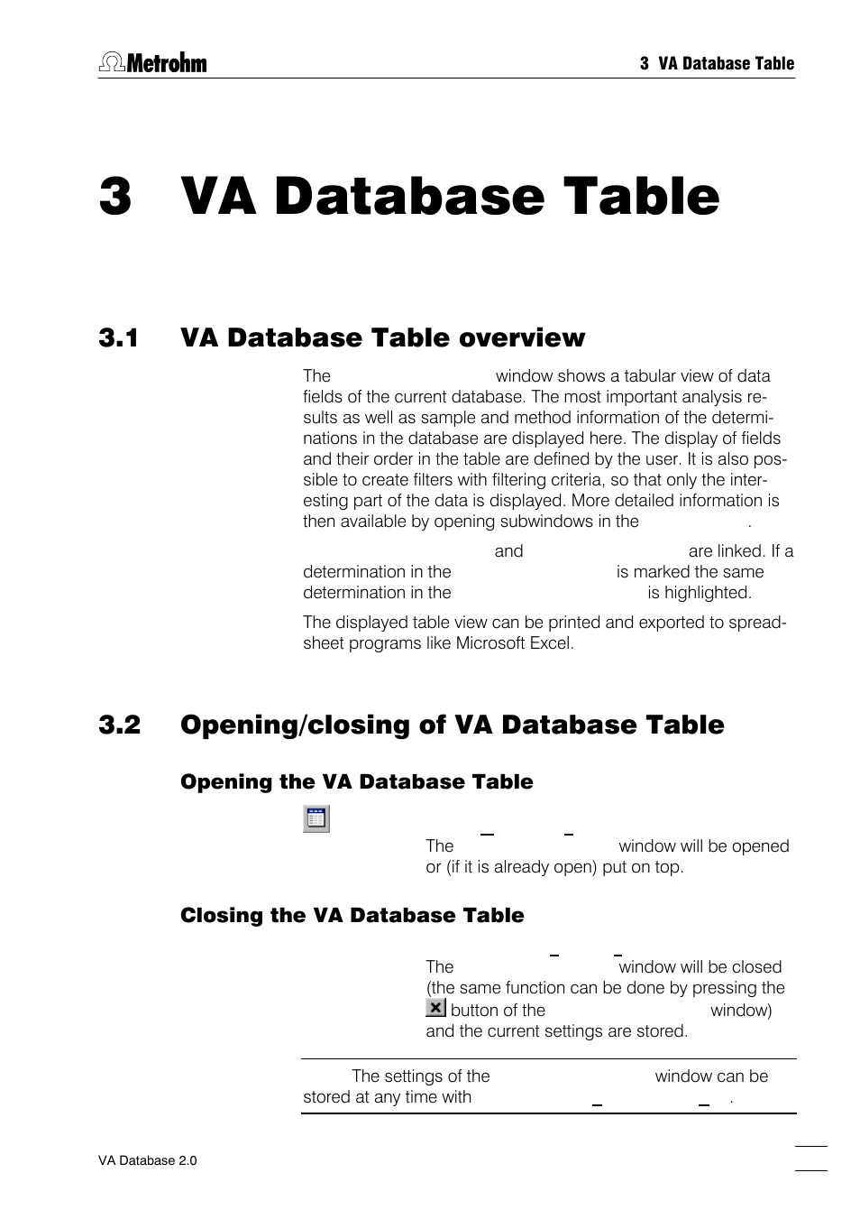 3 va database table, 1 va database table overview, 2 opening/closing of va database table | Metrohm 746 VA Trace Analyzer User Manual | Page 34 / 107