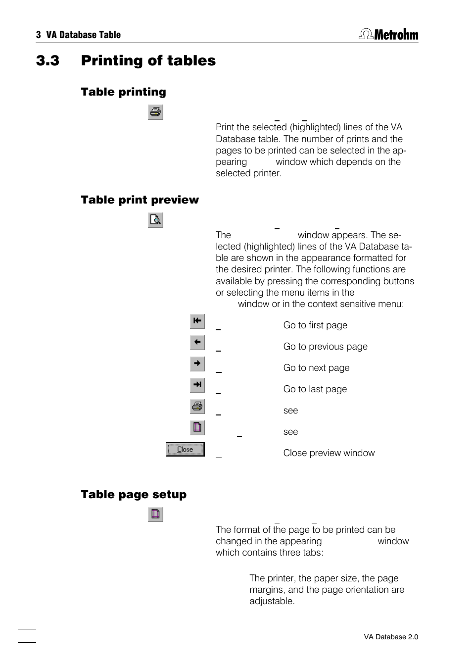 3 printing of tables, Table printing table print preview, Table printing | Table print preview, Table page setup | Metrohm 746 VA Trace Analyzer User Manual | Page 35 / 107