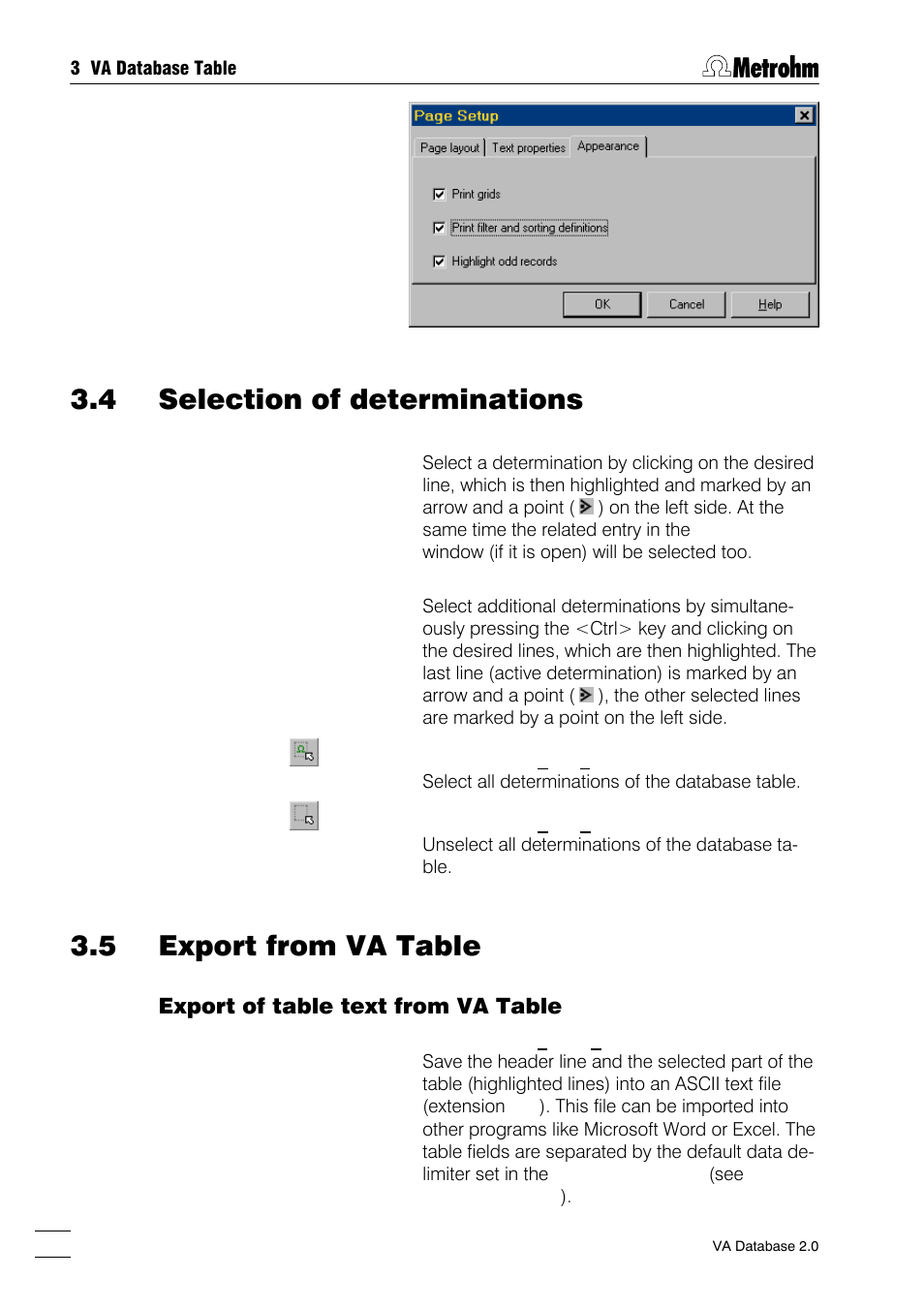 4 selection of determinations, 5 export from va table, Export of table text from va table | Metrohm 746 VA Trace Analyzer User Manual | Page 37 / 107