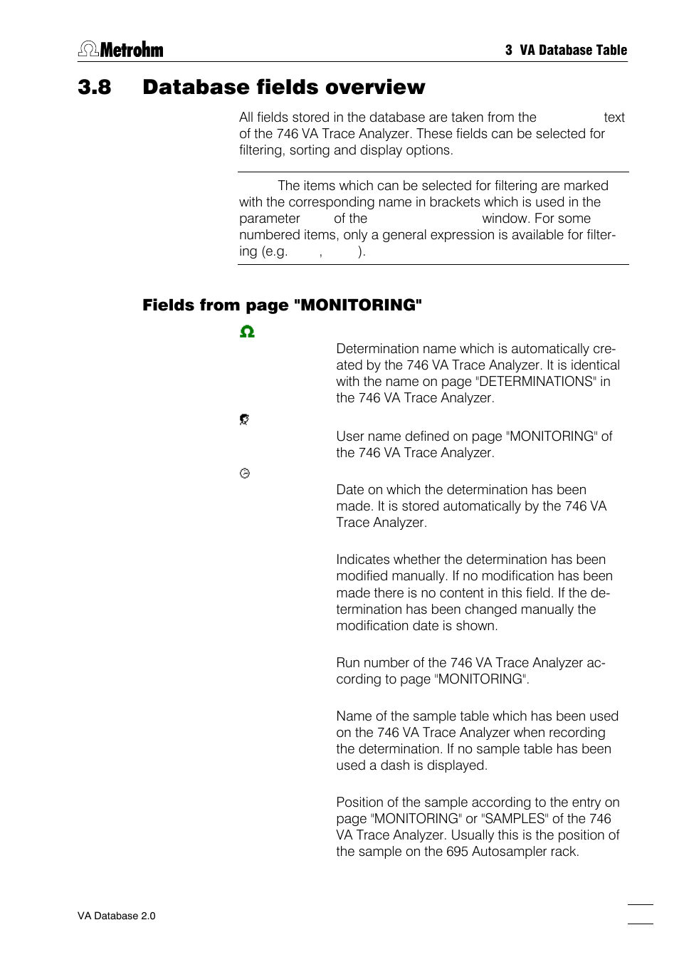 8 database fields overview, Fields from page "monitoring | Metrohm 746 VA Trace Analyzer User Manual | Page 44 / 107