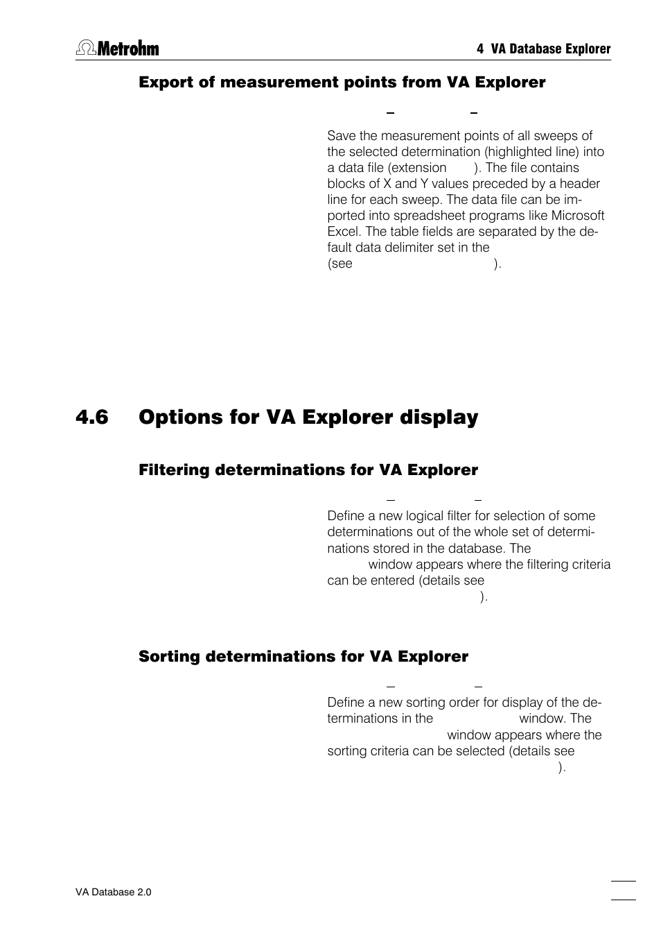 6 options for va explorer display, Filtering determinations for va explorer, Sorting determinations for va explorer | Export of measurement points from va explorer | Metrohm 746 VA Trace Analyzer User Manual | Page 54 / 107