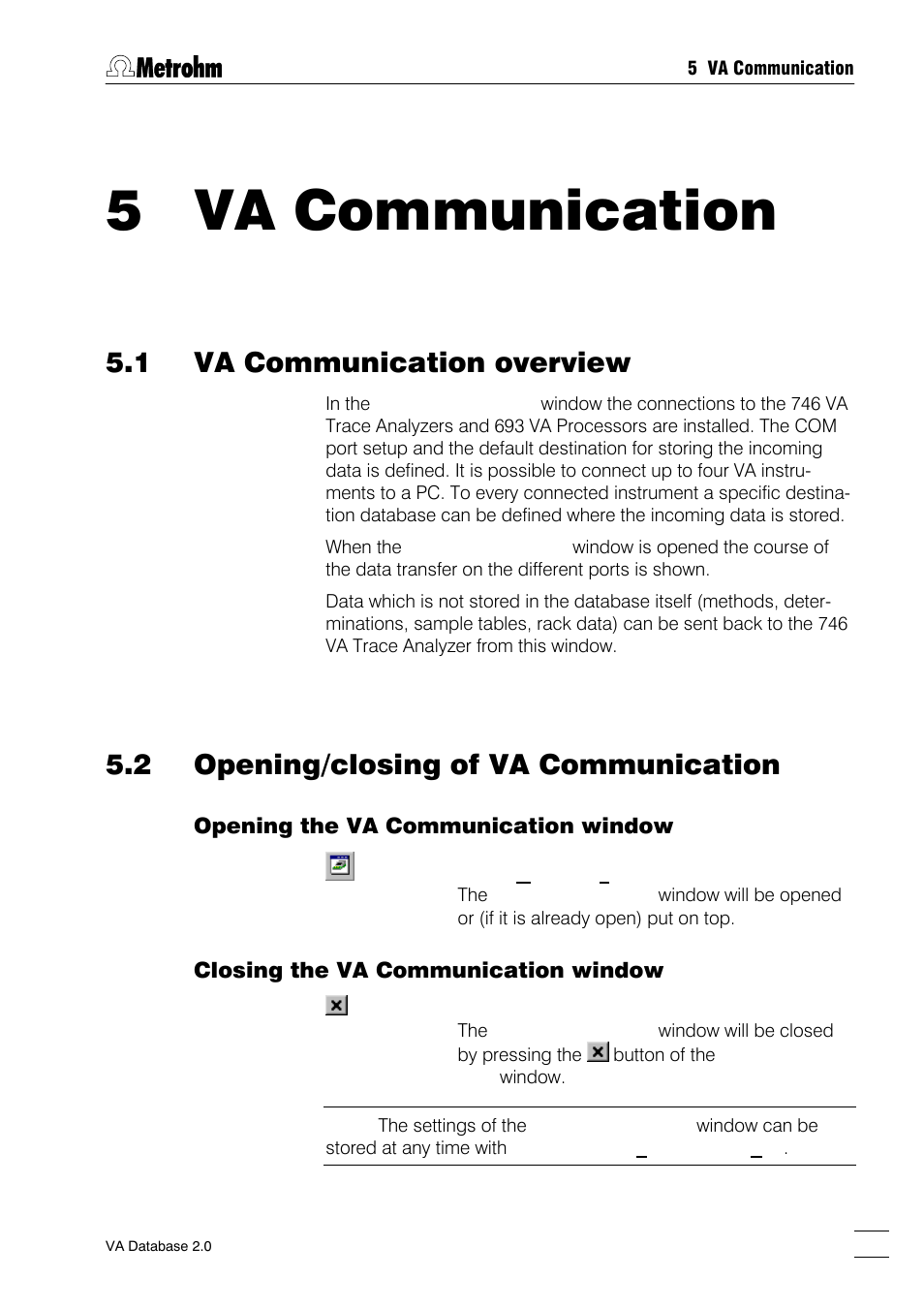5 va communication, 1 va communication overview, 2 opening/closing of va communication | Metrohm 746 VA Trace Analyzer User Manual | Page 56 / 107
