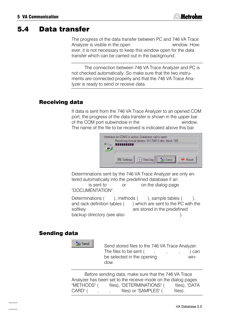 4 data transfer, Receiving data sending data, Data transfer protocol com port reset | Receiving data, Sending data | Metrohm 746 VA Trace Analyzer User Manual | Page 61 / 107
