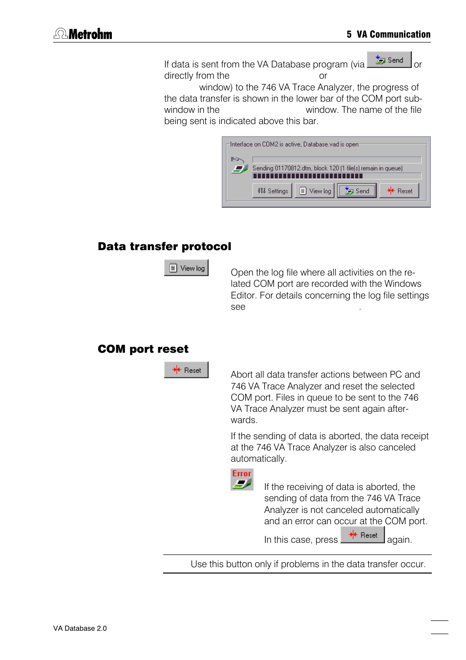 Data transfer protocol, Com port reset | Metrohm 746 VA Trace Analyzer User Manual | Page 62 / 107