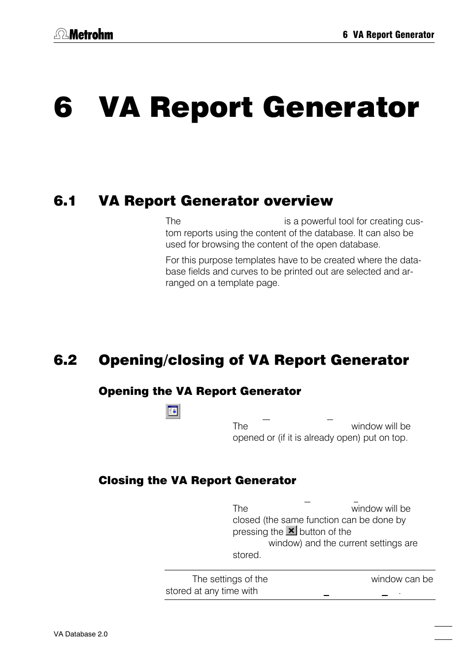6 va report generator, 1 va report generator overview, 2 opening/closing of va report generator | Metrohm 746 VA Trace Analyzer User Manual | Page 64 / 107