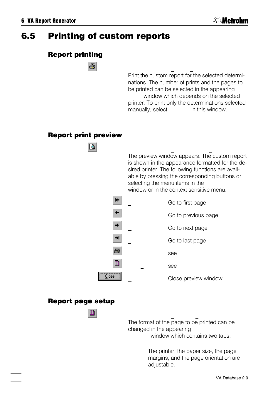 5 printing of custom reports, Report printing, Report print preview | Report page setup | Metrohm 746 VA Trace Analyzer User Manual | Page 73 / 107