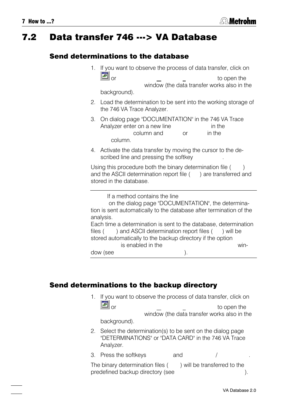 2 data transfer 746 ---> va database, Send determinations to the database, Send rack definition files to the backup directory | Send determinations to the backup directory | Metrohm 746 VA Trace Analyzer User Manual | Page 77 / 107