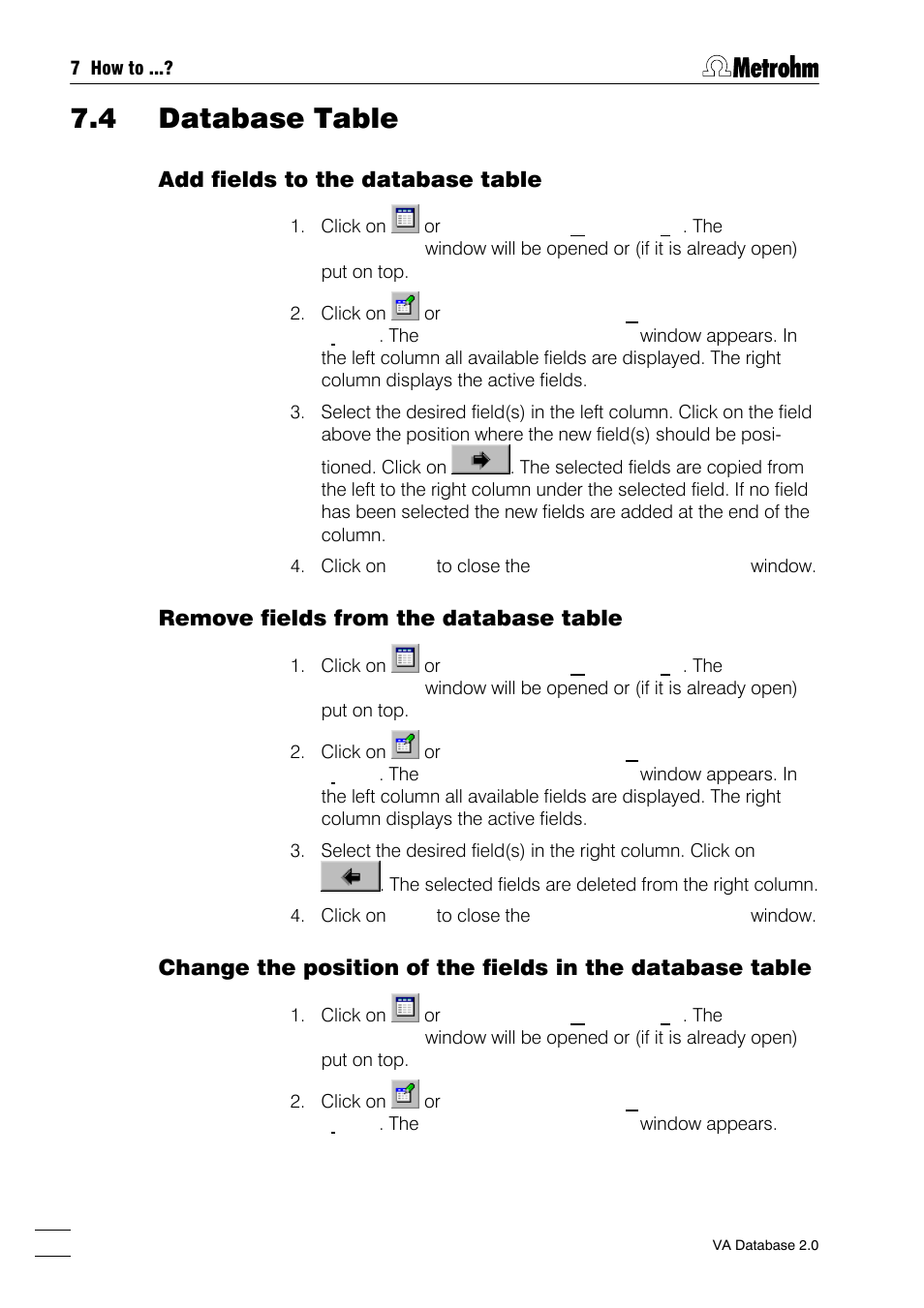 4 database table, Print the database table, Export measurement points | Add fields to the database table, Remove fields from the database table | Metrohm 746 VA Trace Analyzer User Manual | Page 83 / 107