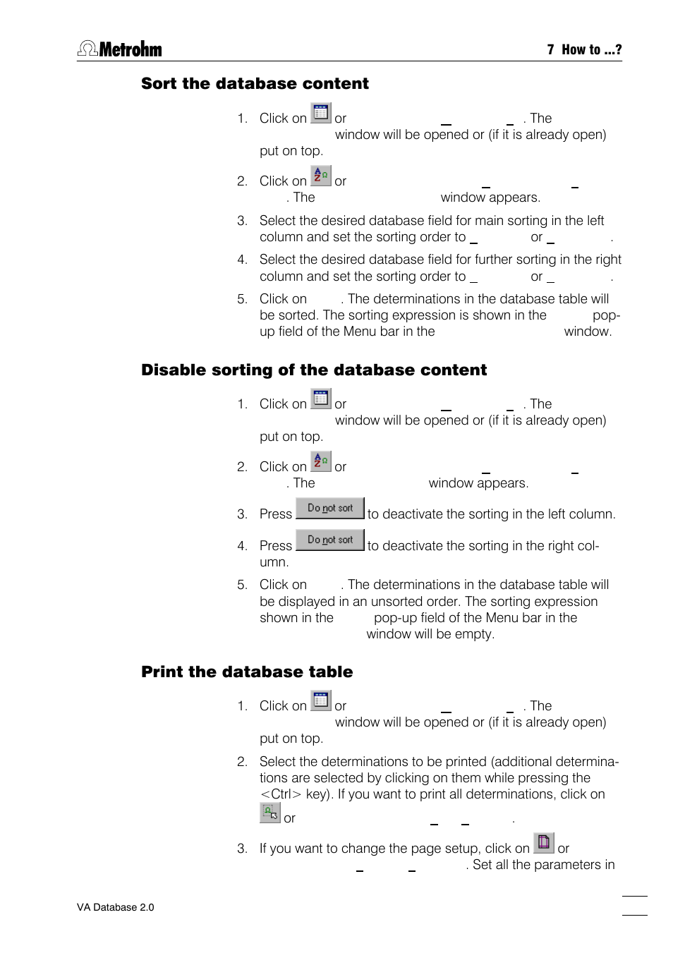Sort the database content, Disable sorting of the database content, Print the database table | Metrohm 746 VA Trace Analyzer User Manual | Page 86 / 107