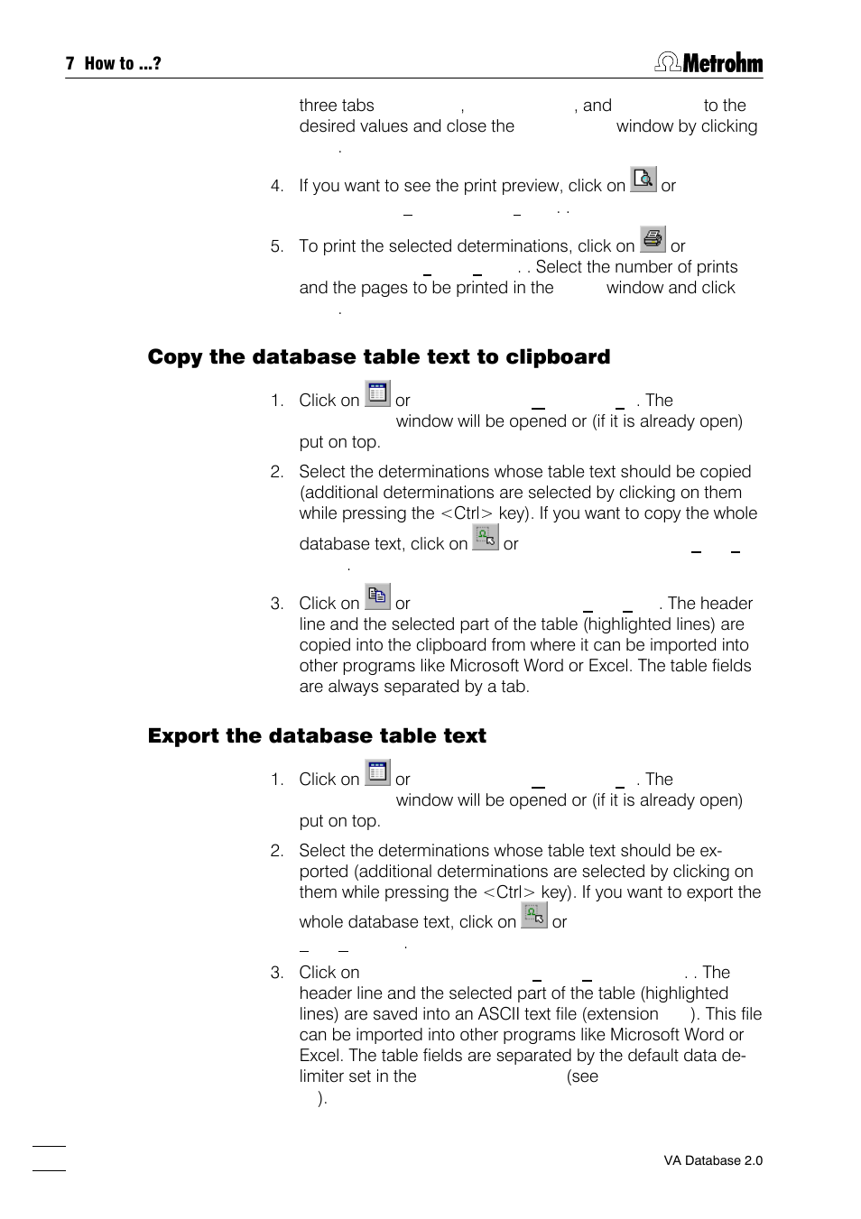 Copy the database table text to clipboard, Export the database table text | Metrohm 746 VA Trace Analyzer User Manual | Page 87 / 107