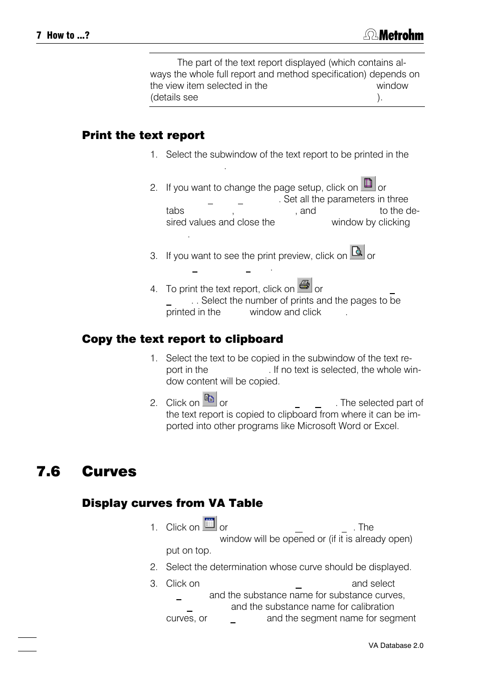 6 curves, Display curves from va table, Remove curves from the overlay view | Change the curve selection, Print curves, Copy curves to clipboard export curves, Print the text report, Copy the text report to clipboard | Metrohm 746 VA Trace Analyzer User Manual | Page 89 / 107