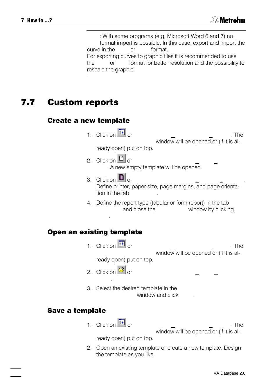 7 custom reports, Create a new template, Open an existing template save a template | Design a template, Open an existing template, Save a template | Metrohm 746 VA Trace Analyzer User Manual | Page 93 / 107