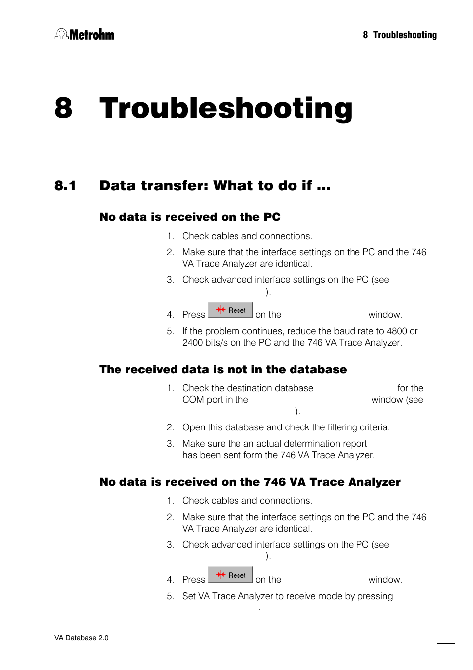8 troubleshooting, 1 data transfer: what to do if, Data cannot be stored or the access is denied | On the specified device (error in log file) | Metrohm 746 VA Trace Analyzer User Manual | Page 98 / 107