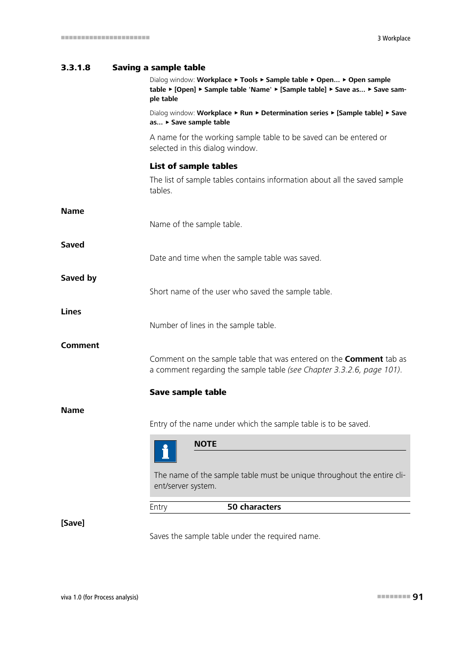 8 saving a sample table, Saving a sample table | Metrohm viva 1.0 (process analysis) User Manual | Page 103 / 990