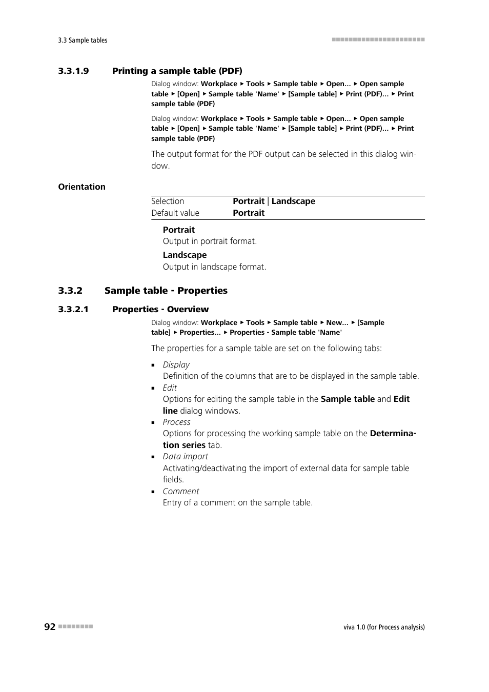 9 printing a sample table (pdf), 2 sample table - properties, 1 properties - overview | Sample table - properties, Printing the sample table, Defining the sample table properties | Metrohm viva 1.0 (process analysis) User Manual | Page 104 / 990