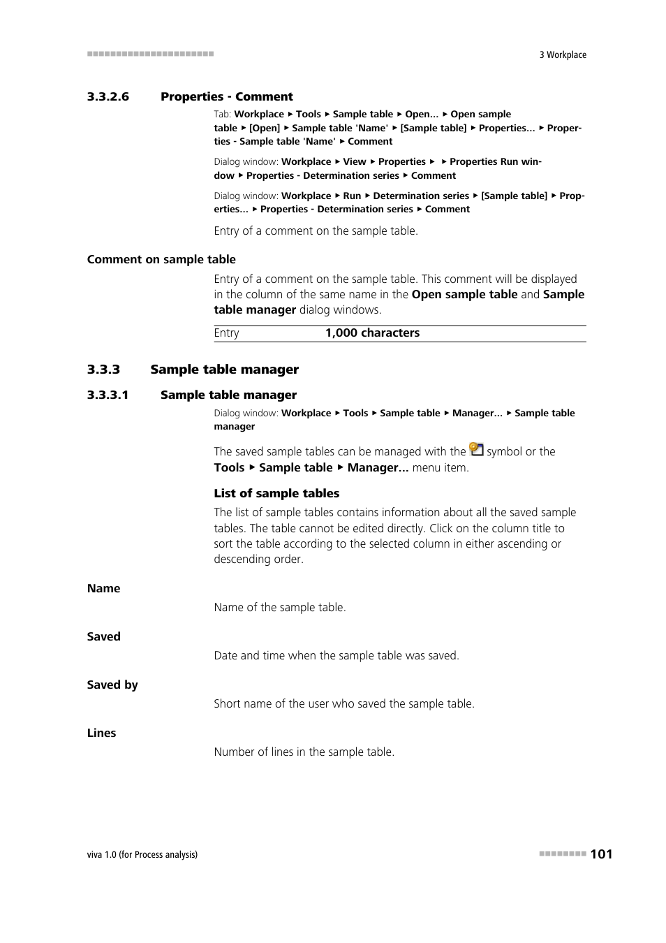 6 properties - comment, 3 sample table manager, 1 sample table manager | Sample table manager, Managing sample tables, Comment | Metrohm viva 1.0 (process analysis) User Manual | Page 113 / 990