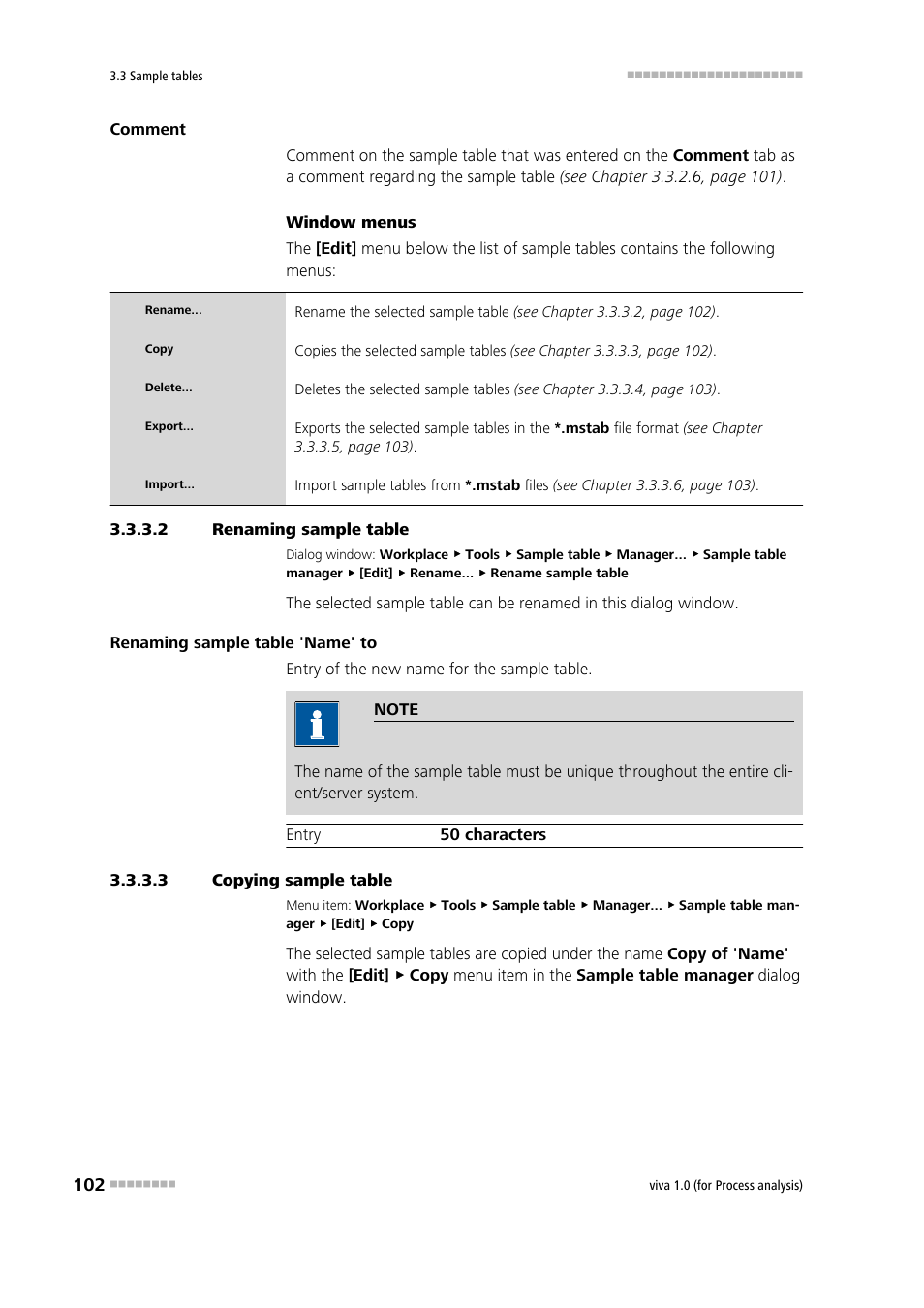 2 renaming sample table, 3 copying sample table | Metrohm viva 1.0 (process analysis) User Manual | Page 114 / 990