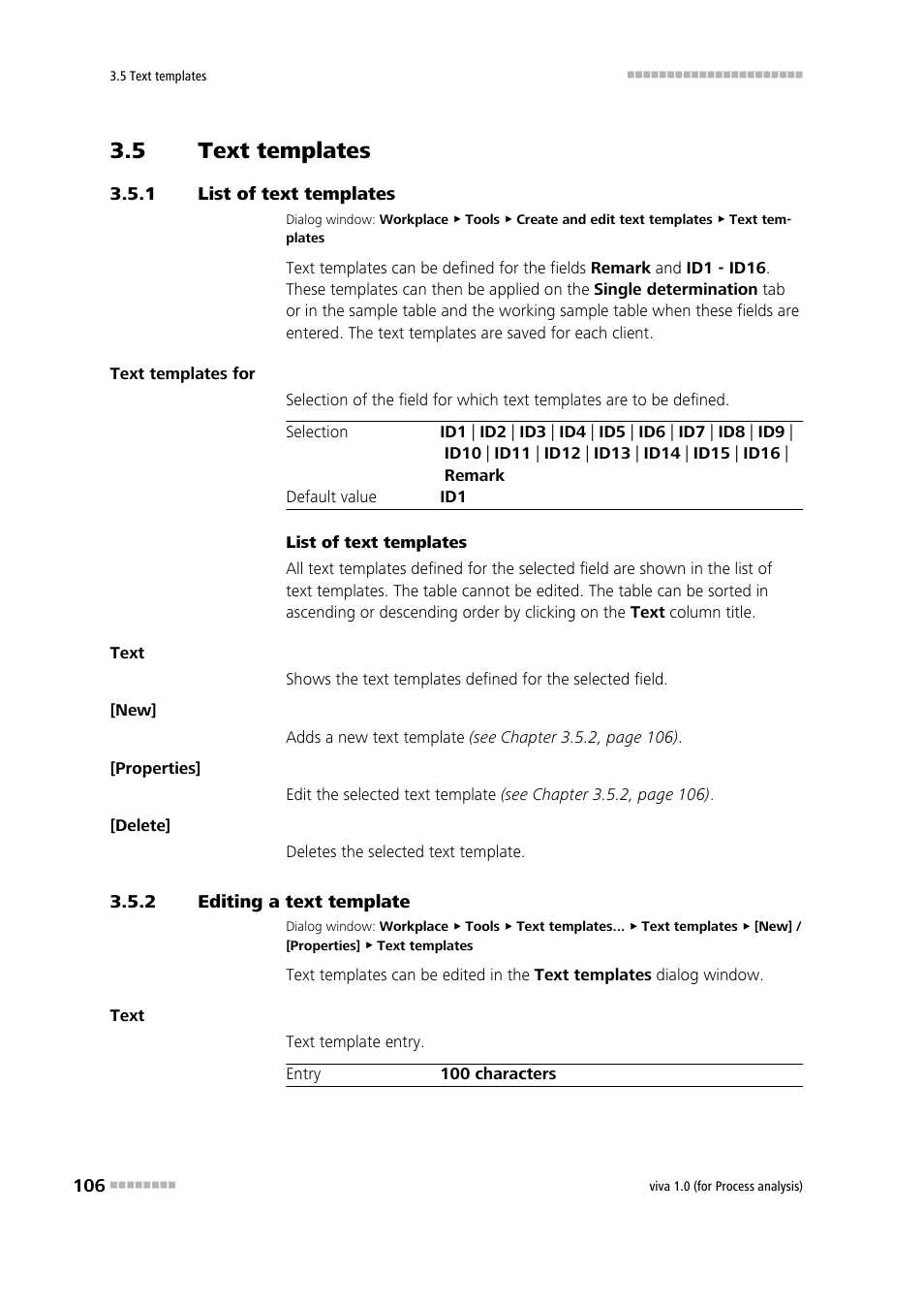 5 text templates, 1 list of text templates, 2 editing a text template | Text templates, List of text templates, Editing a text template, Defining text templates | Metrohm viva 1.0 (process analysis) User Manual | Page 118 / 990