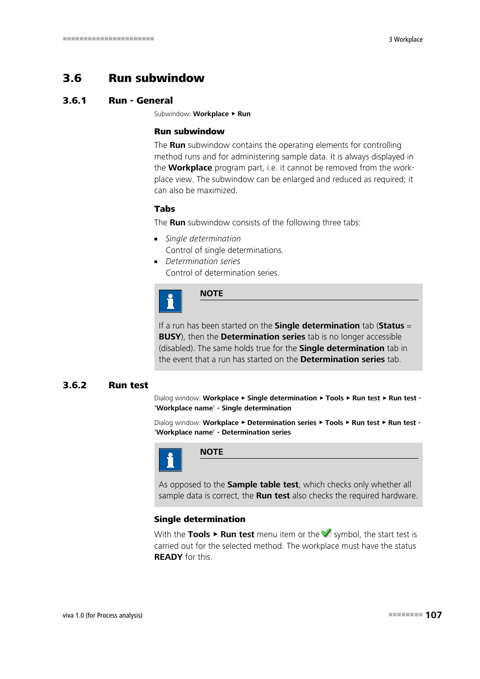 6 run subwindow, 1 run - general, 2 run test | Run subwindow, Run - general, Run test, Performing a run test | Metrohm viva 1.0 (process analysis) User Manual | Page 119 / 990