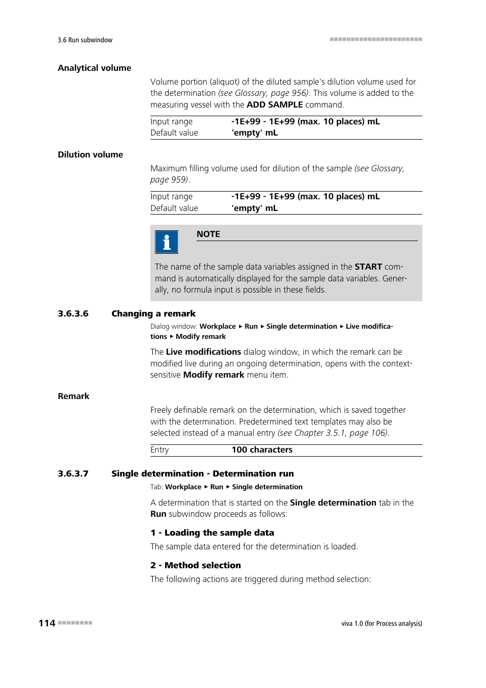 6 changing a remark, 7 single determination - determination run | Metrohm viva 1.0 (process analysis) User Manual | Page 126 / 990