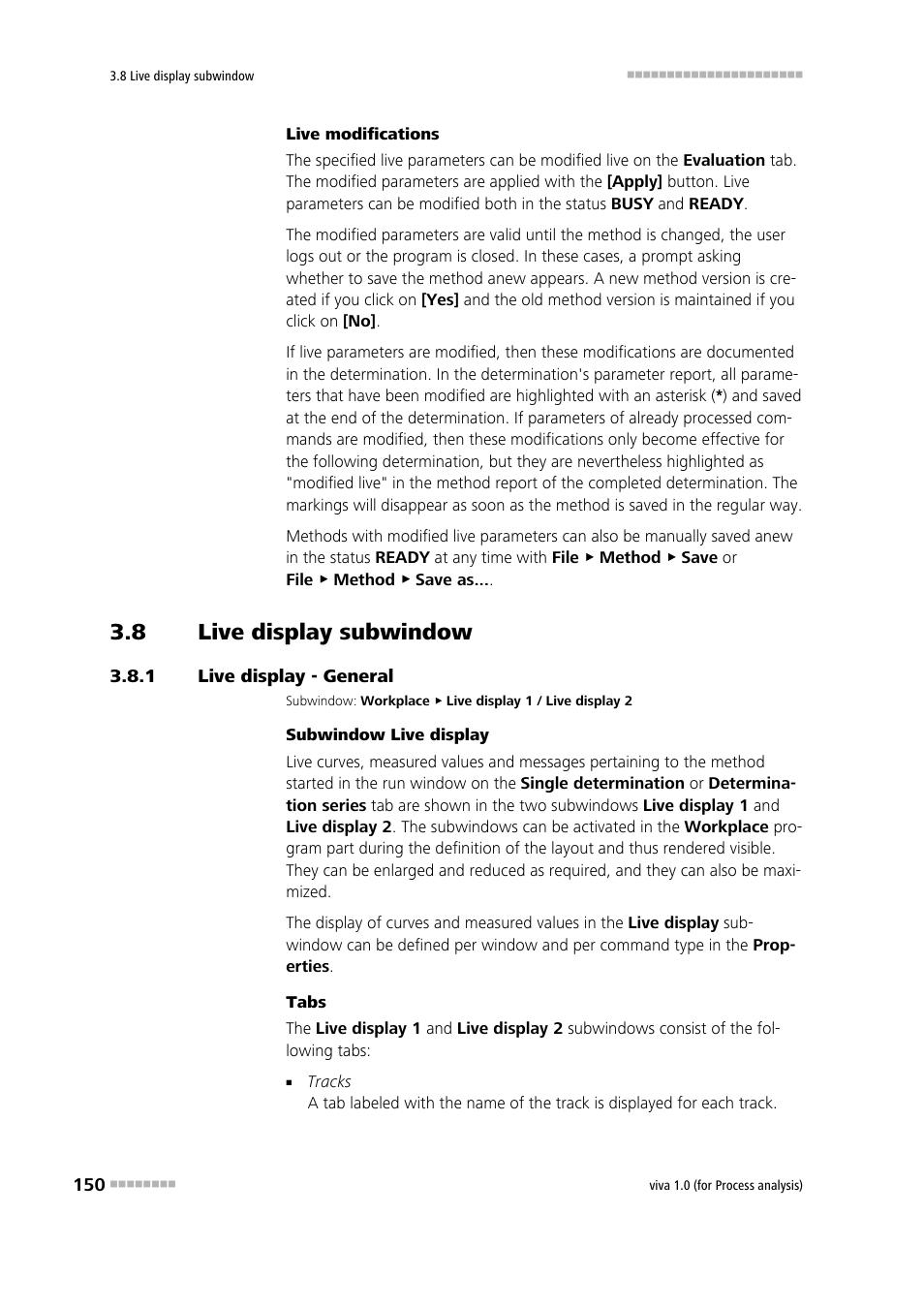 8 live display subwindow, 1 live display - general, Live display subwindow | Live display - general, Live display 1, Live display 2 | Metrohm viva 1.0 (process analysis) User Manual | Page 162 / 990