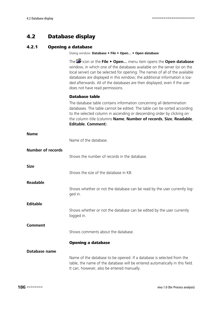 2 database display, 1 opening a database, Database display | Opening a database | Metrohm viva 1.0 (process analysis) User Manual | Page 198 / 990