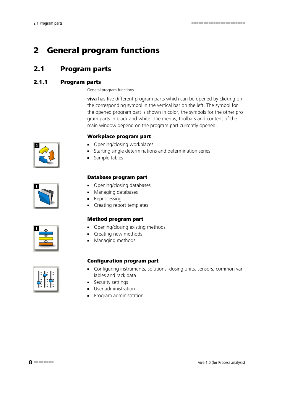 2 general program functions, 1 program parts, Program parts | Metrohm viva 1.0 (process analysis) User Manual | Page 20 / 990