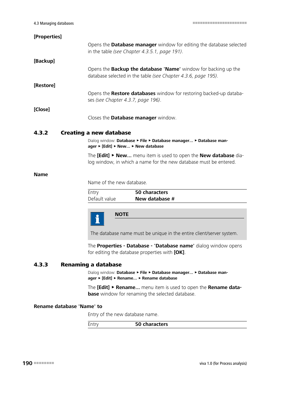 2 creating a new database, 3 renaming a database, Creating a new database | Renaming a database | Metrohm viva 1.0 (process analysis) User Manual | Page 202 / 990