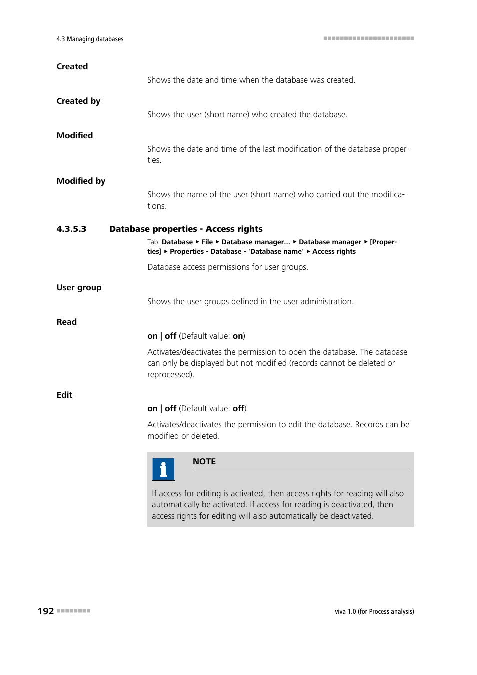 3 database properties - access rights, Access permissions | Metrohm viva 1.0 (process analysis) User Manual | Page 204 / 990