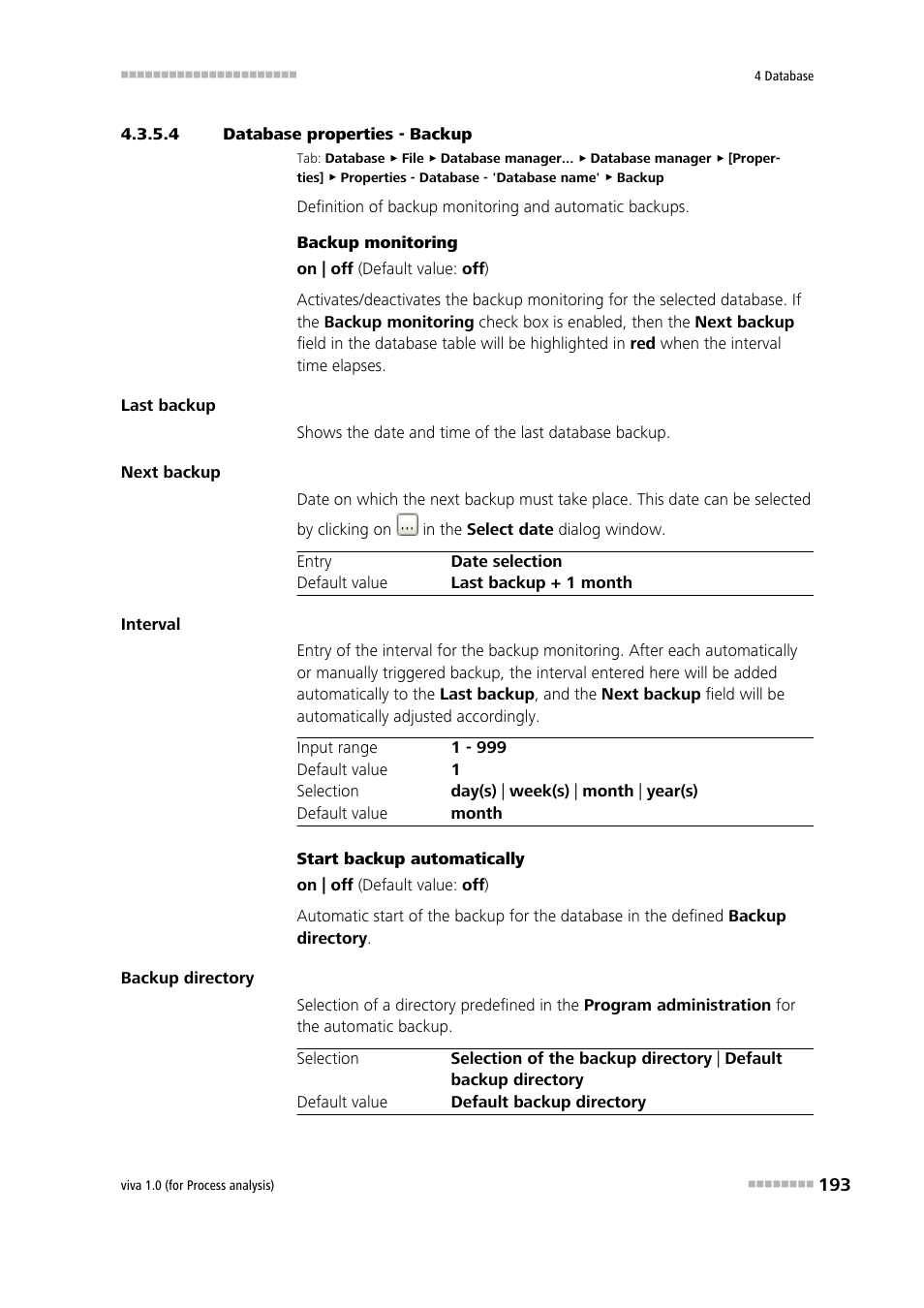 4 database properties - backup, Backup | Metrohm viva 1.0 (process analysis) User Manual | Page 205 / 990