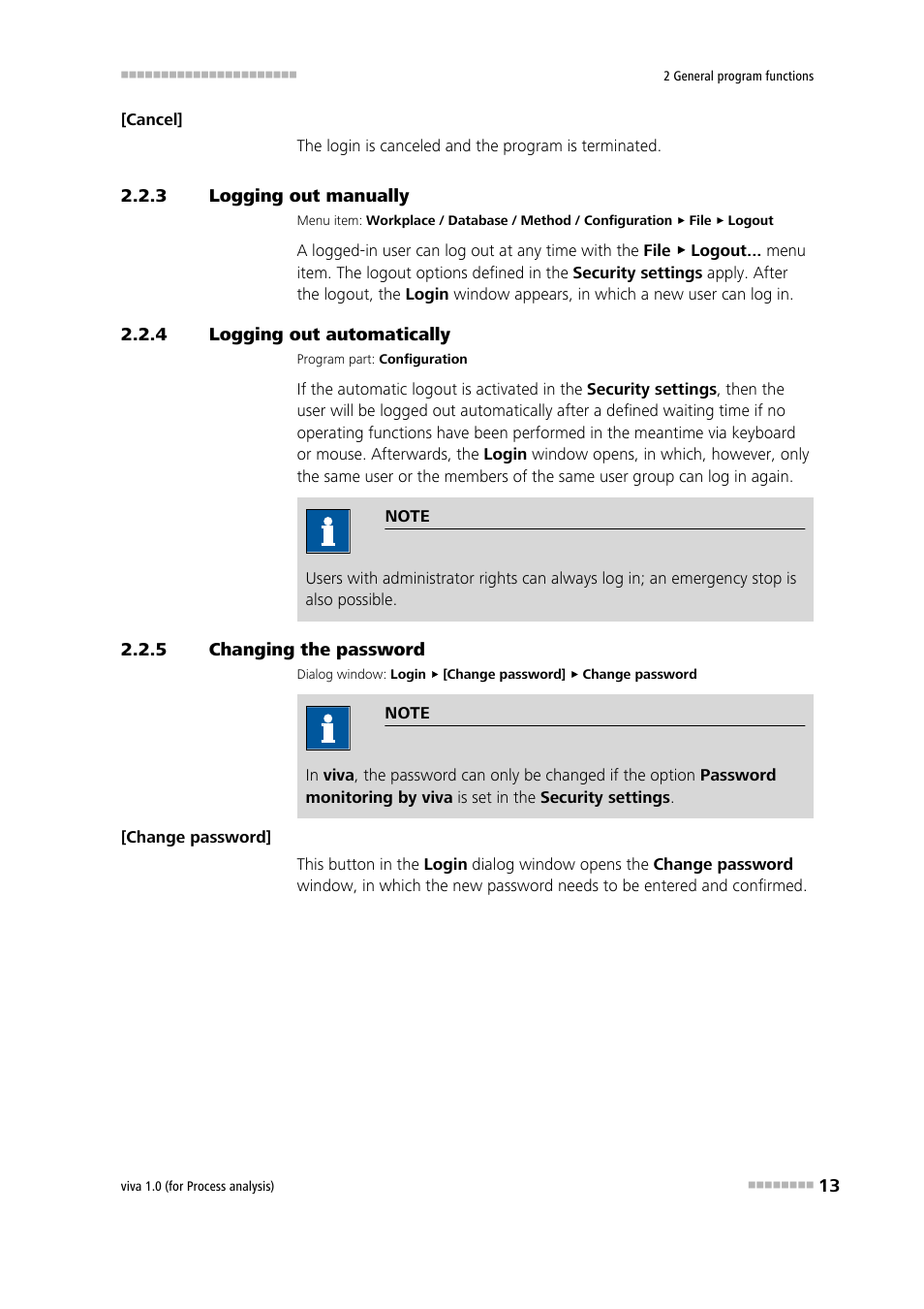 3 logging out manually, 4 logging out automatically, 5 changing the password | Logging out manually, Logging out automatically, Changing the password, Changing password | Metrohm viva 1.0 (process analysis) User Manual | Page 25 / 990