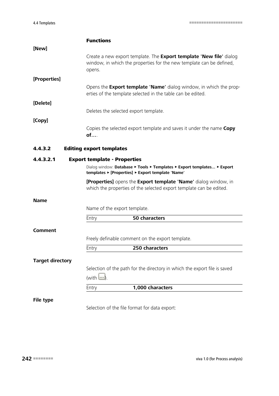 2 editing export templates, 1 export template - properties, Editing export templates | Metrohm viva 1.0 (process analysis) User Manual | Page 254 / 990