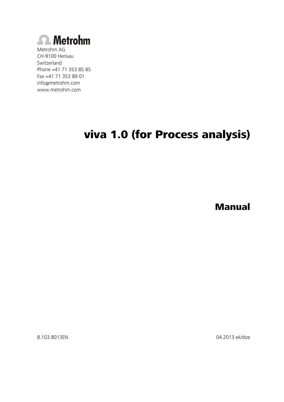 Viva 1.0 (for process analysis), Manual | Metrohm viva 1.0 (process analysis) User Manual | Page 3 / 990