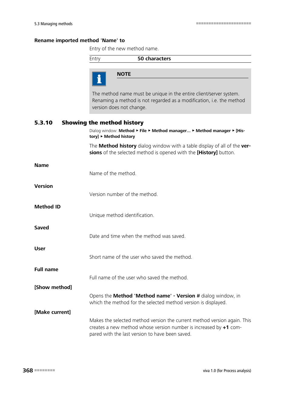 10 showing the method history, Showing the method history | Metrohm viva 1.0 (process analysis) User Manual | Page 380 / 990