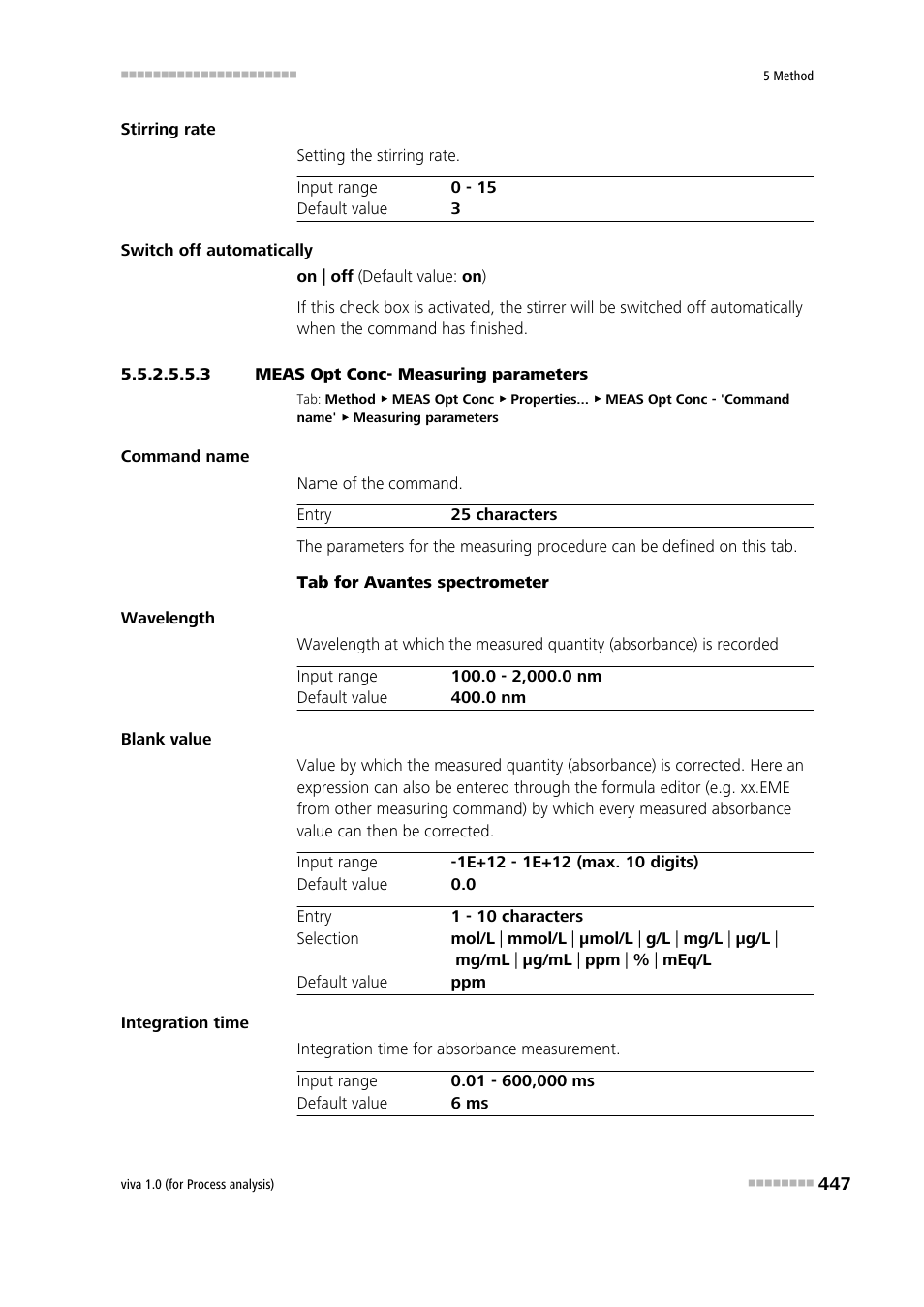 3 meas opt conc- measuring parameters | Metrohm viva 1.0 (process analysis) User Manual | Page 459 / 990