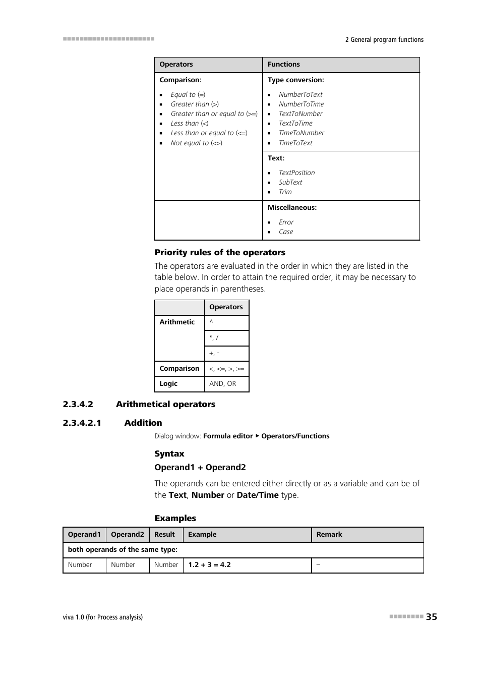 2 arithmetical operators, 1 addition, Addition | Addition (+), Subtraction, Multiplication, Division (/), Potentiation (^) | Metrohm viva 1.0 (process analysis) User Manual | Page 47 / 990