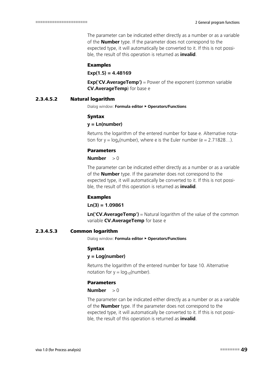 2 natural logarithm, 3 common logarithm, Natural logarithm | Common logarithm (log) | Metrohm viva 1.0 (process analysis) User Manual | Page 61 / 990