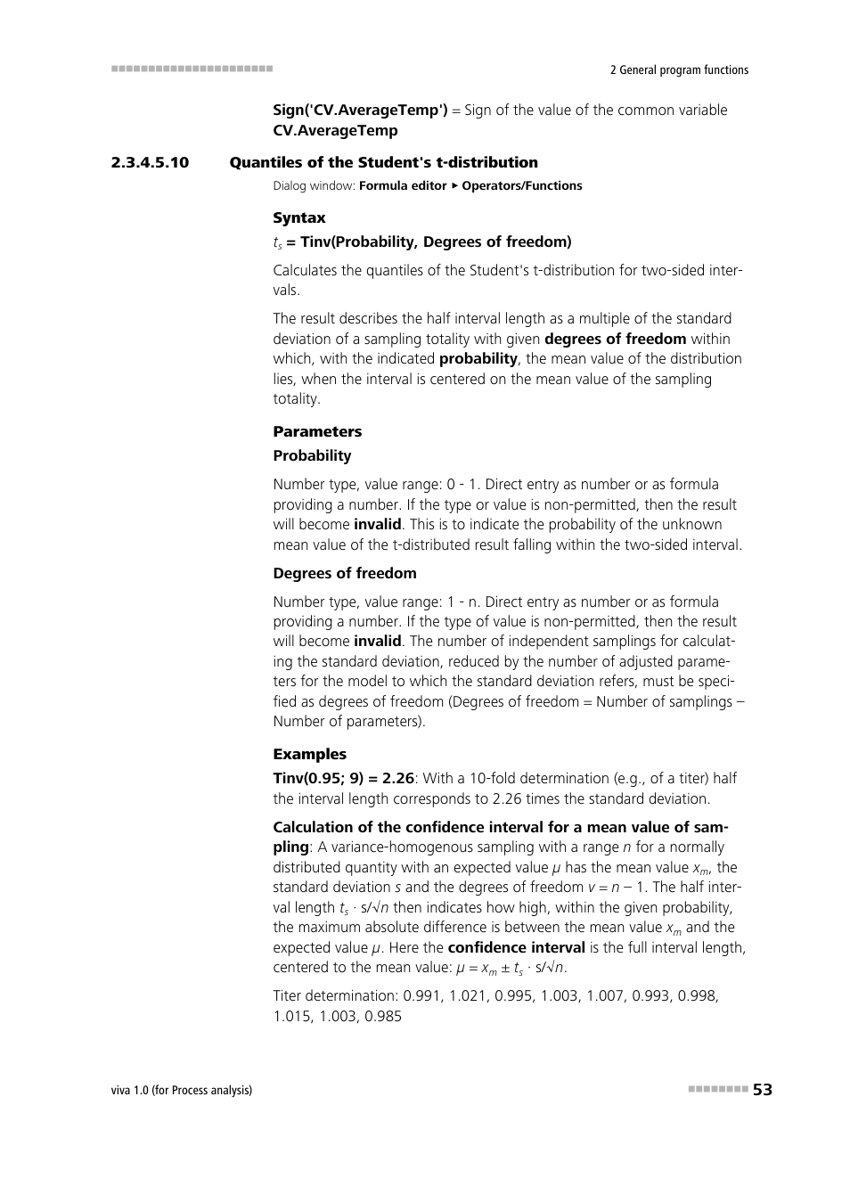 10 quantiles of the student's t-distribution, Quantiles of the student's t-distribution | Metrohm viva 1.0 (process analysis) User Manual | Page 65 / 990
