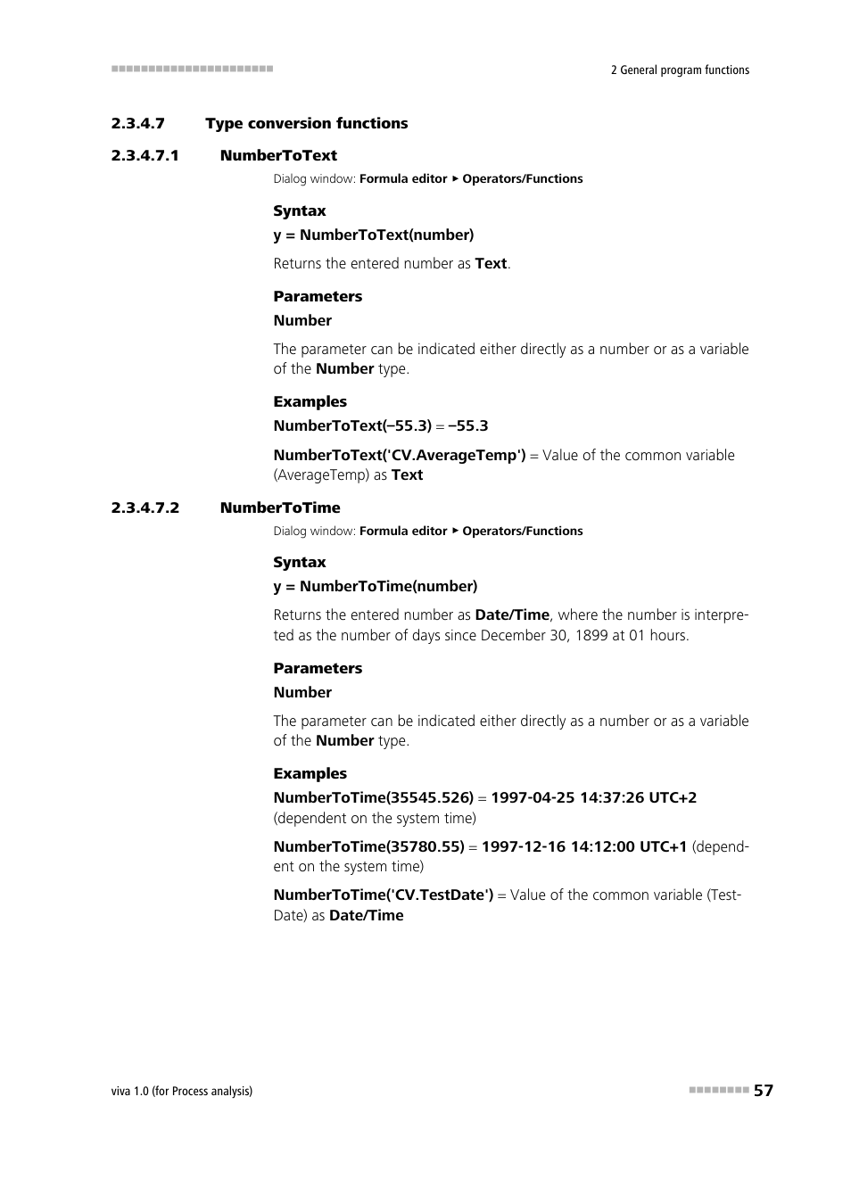 7 type conversion functions, 1 numbertotext, 2 numbertotime | Numbertotext, Numbertotime | Metrohm viva 1.0 (process analysis) User Manual | Page 69 / 990