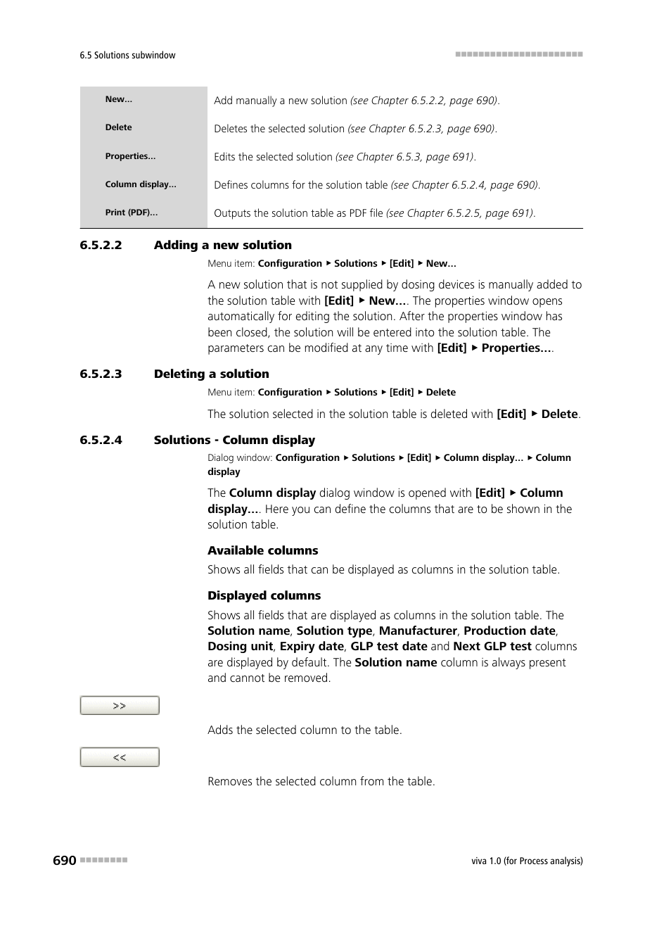 2 adding a new solution, 3 deleting a solution, 4 solutions - column display | Metrohm viva 1.0 (process analysis) User Manual | Page 702 / 990