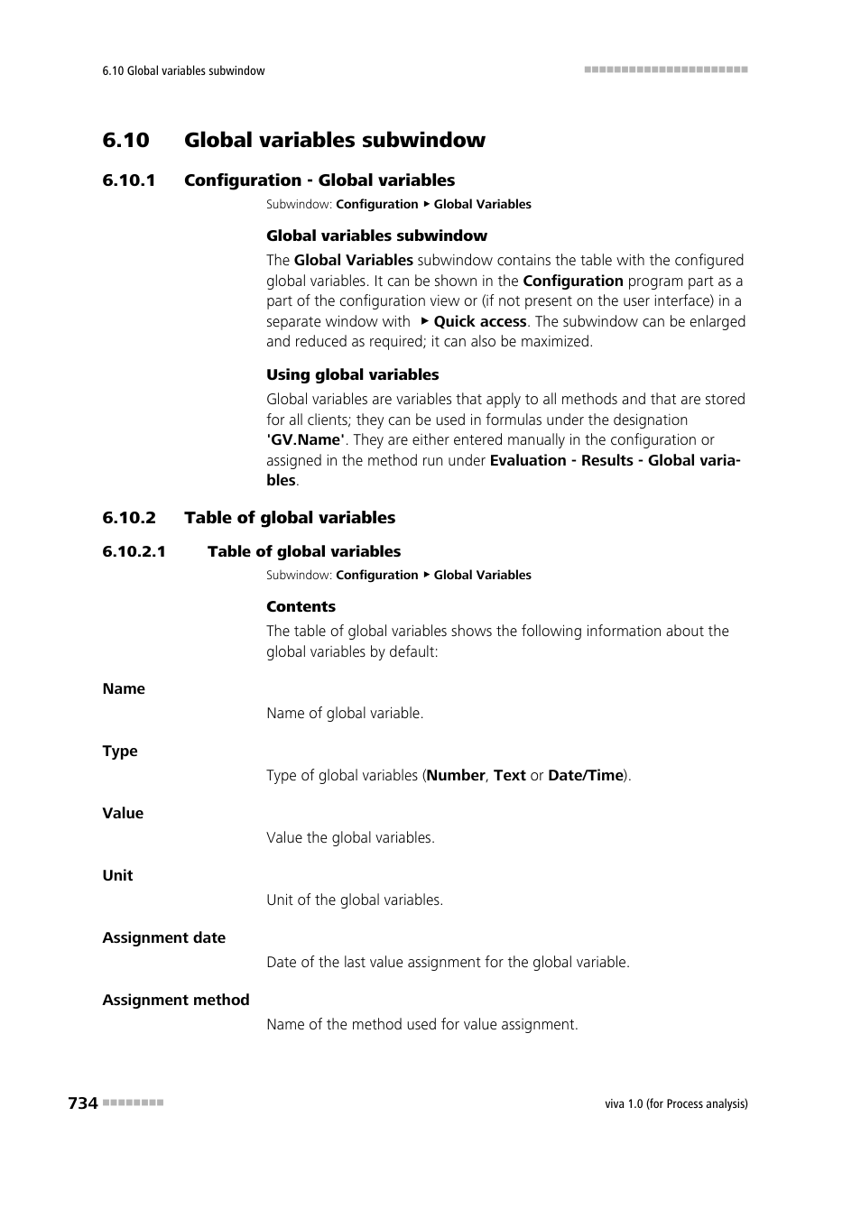 10 global variables subwindow, 1 configuration - global variables, 2 table of global variables | 1 table of global variables, 10 global variables subwindow 6.10.1, Configuration - global variables, Table of global variables, Global variables | Metrohm viva 1.0 (process analysis) User Manual | Page 746 / 990