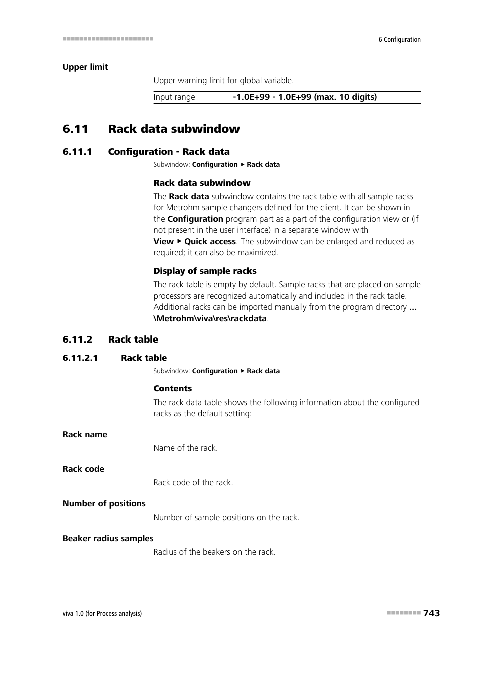 11 rack data subwindow, 1 configuration - rack data, 2 rack table | 1 rack table, 11 rack data subwindow 6.11.1, Configuration - rack data, Rack table, Rack data | Metrohm viva 1.0 (process analysis) User Manual | Page 755 / 990