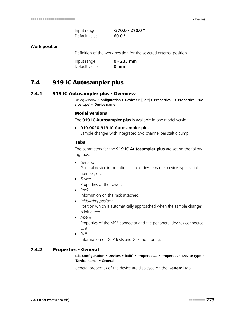 4 919 ic autosampler plus, 1 919 ic autosampler plus - overview, 2 properties - general | 919 ic autosampler plus, 919 ic autosampler plus - overview, Properties - general | Metrohm viva 1.0 (process analysis) User Manual | Page 785 / 990