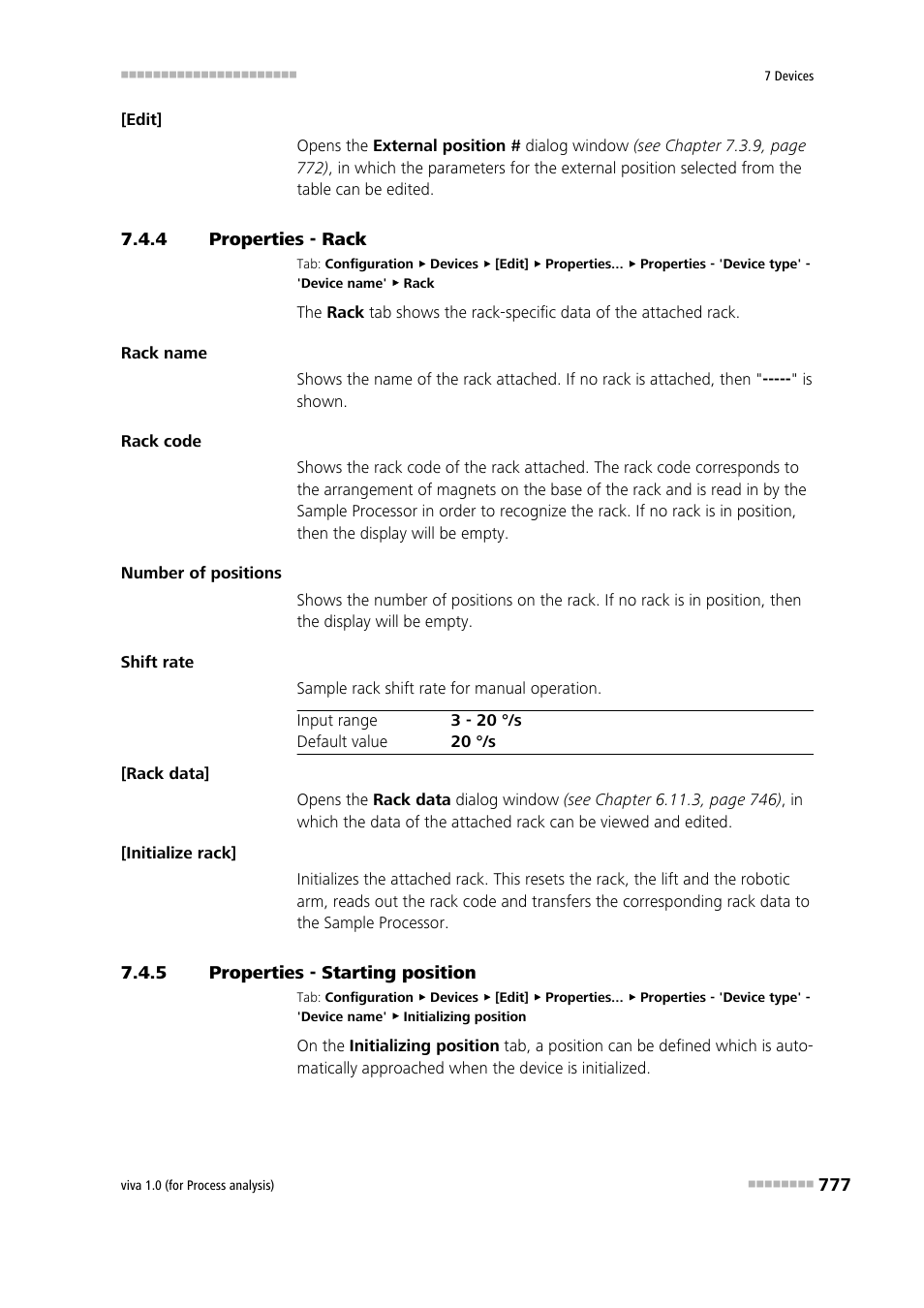 4 properties - rack, 5 properties - starting position, Properties - rack | Properties - starting position | Metrohm viva 1.0 (process analysis) User Manual | Page 789 / 990