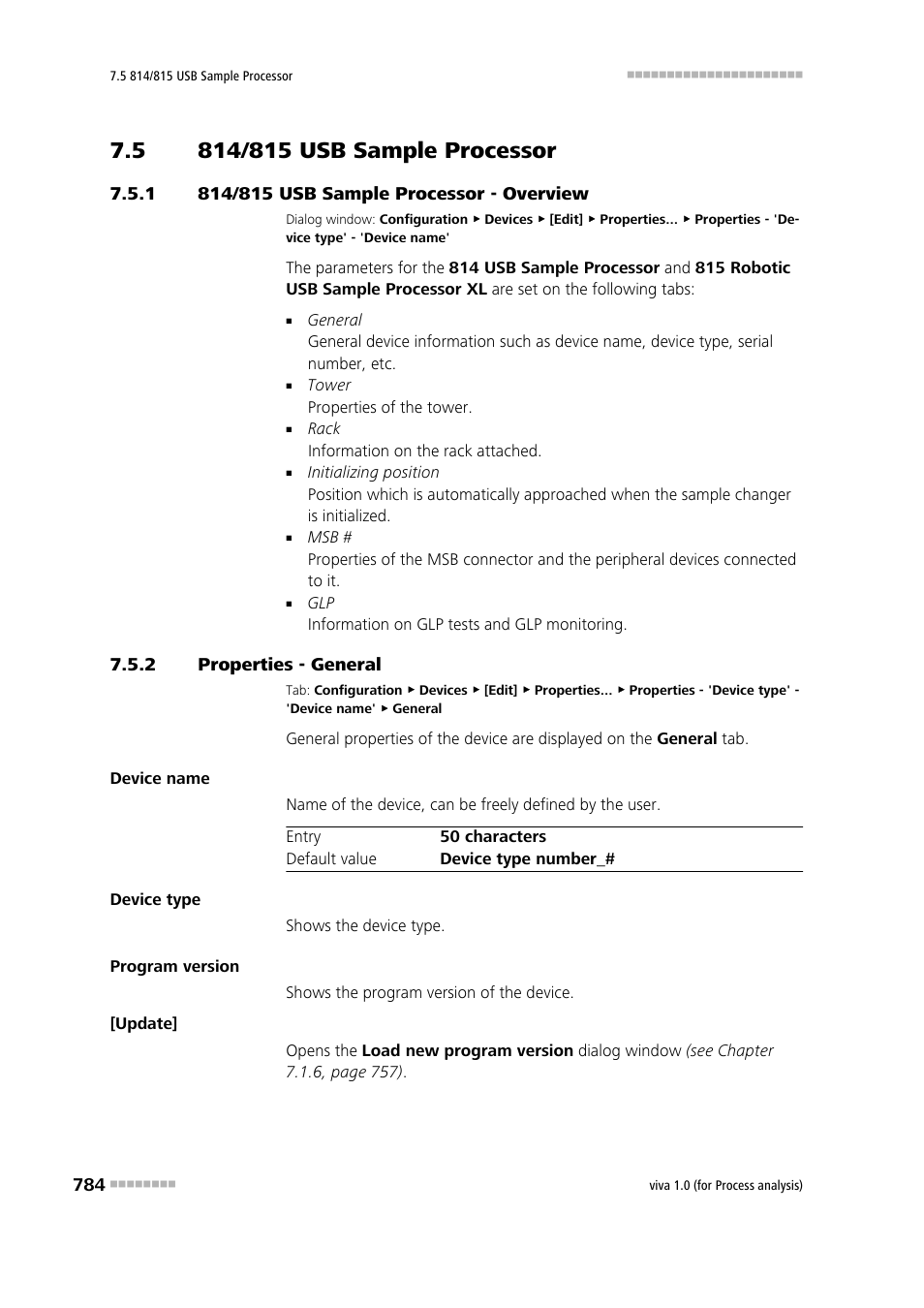 5 814/815 usb sample processor, 1 814/815 usb sample processor - overview, 2 properties - general | 814/815 usb sample processor, 814/815 usb sample processor - overview, Properties - general | Metrohm viva 1.0 (process analysis) User Manual | Page 796 / 990