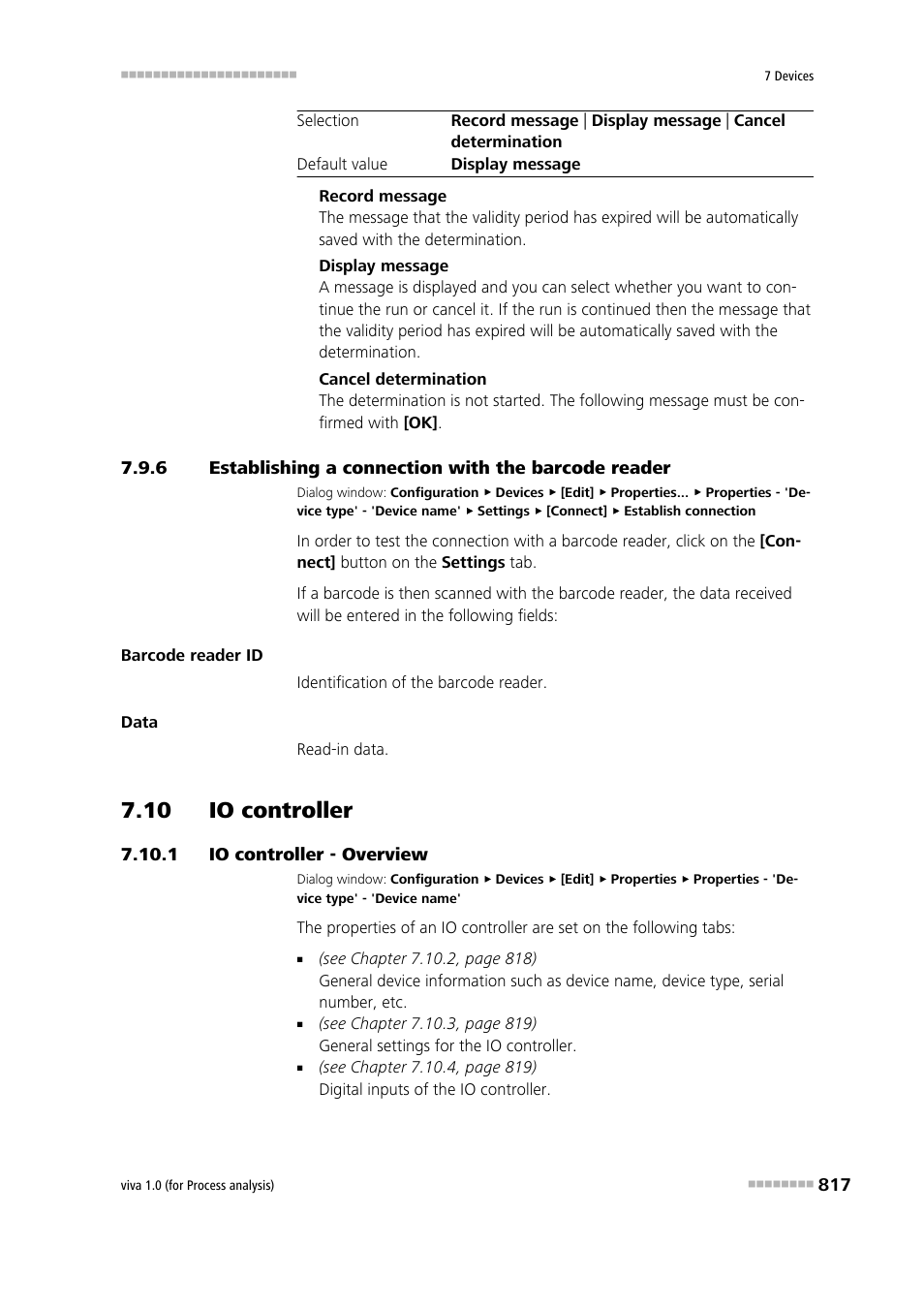 10 io controller, 1 io controller - overview, Establishing a connection with the barcode reader | 10 io controller 7.10.1, Io controller - overview, Io controller | Metrohm viva 1.0 (process analysis) User Manual | Page 829 / 990