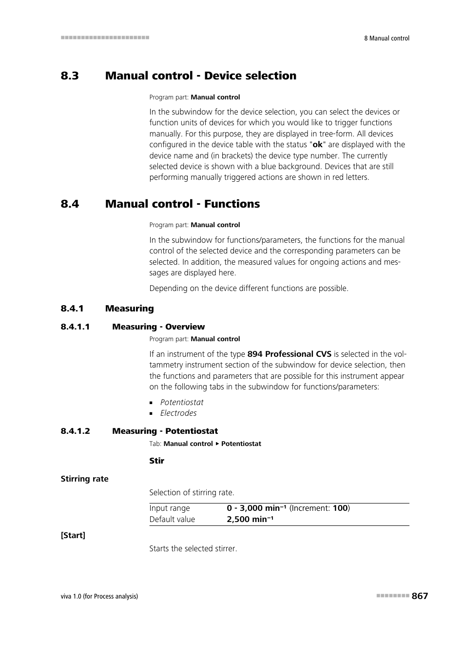 3 manual control - device selection, 4 manual control - functions, 1 measuring | 1 measuring - overview, 2 measuring - potentiostat, Manual control - device selection, Manual control - functions, Measuring | Metrohm viva 1.0 (process analysis) User Manual | Page 879 / 990