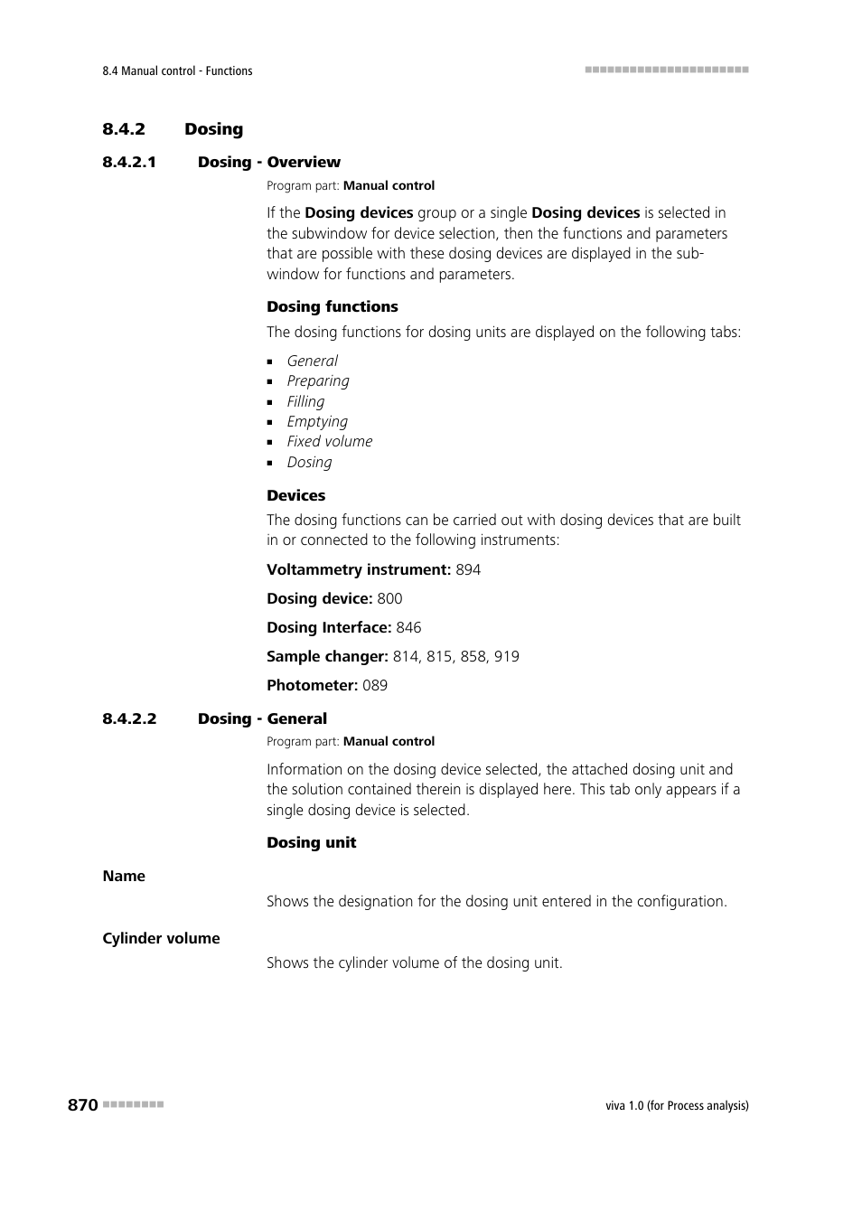 2 dosing, 1 dosing - overview, 2 dosing - general | Dosing | Metrohm viva 1.0 (process analysis) User Manual | Page 882 / 990